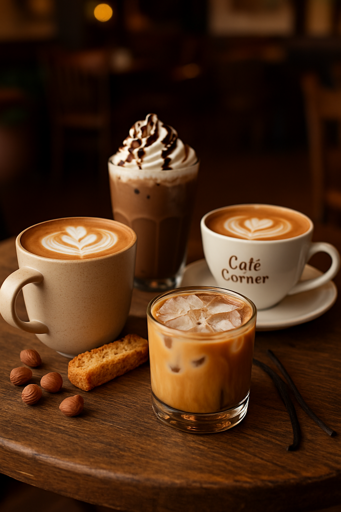 Cozy Corner Menu
Hazelnut Latte
Cafe Mocha Frappe 
Classic Cappuccino
Iced Vanilla Cold Brew